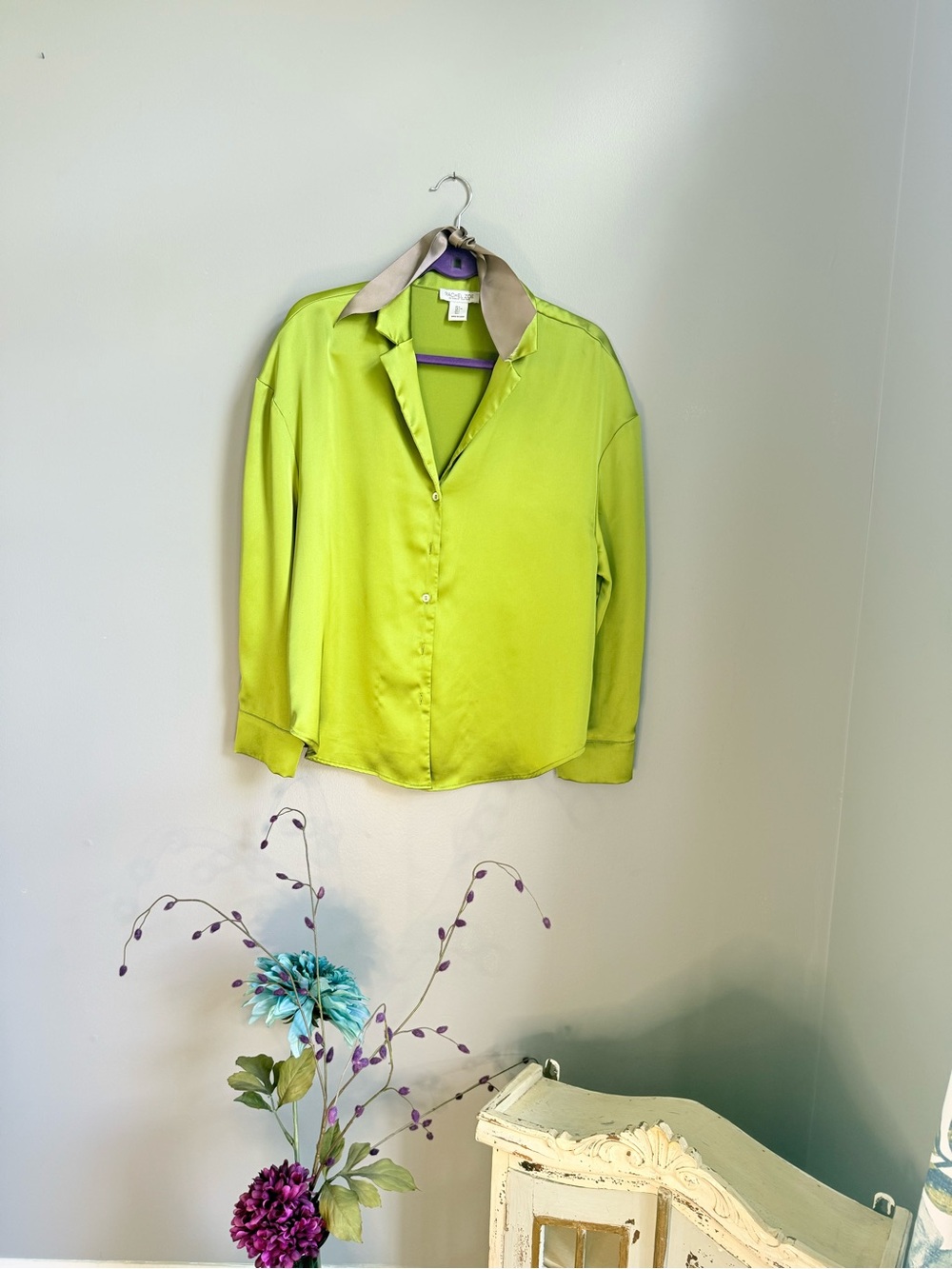 Rachel Zoe Lime Green Satin Button-Down Blouse